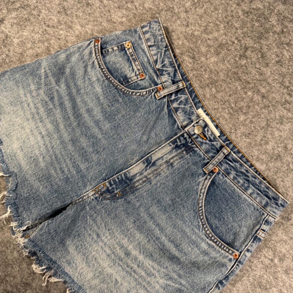 Topshop A Line Denim Shorts Womens US 10 Blue Raw Hem High Waist Frayed Cutoff